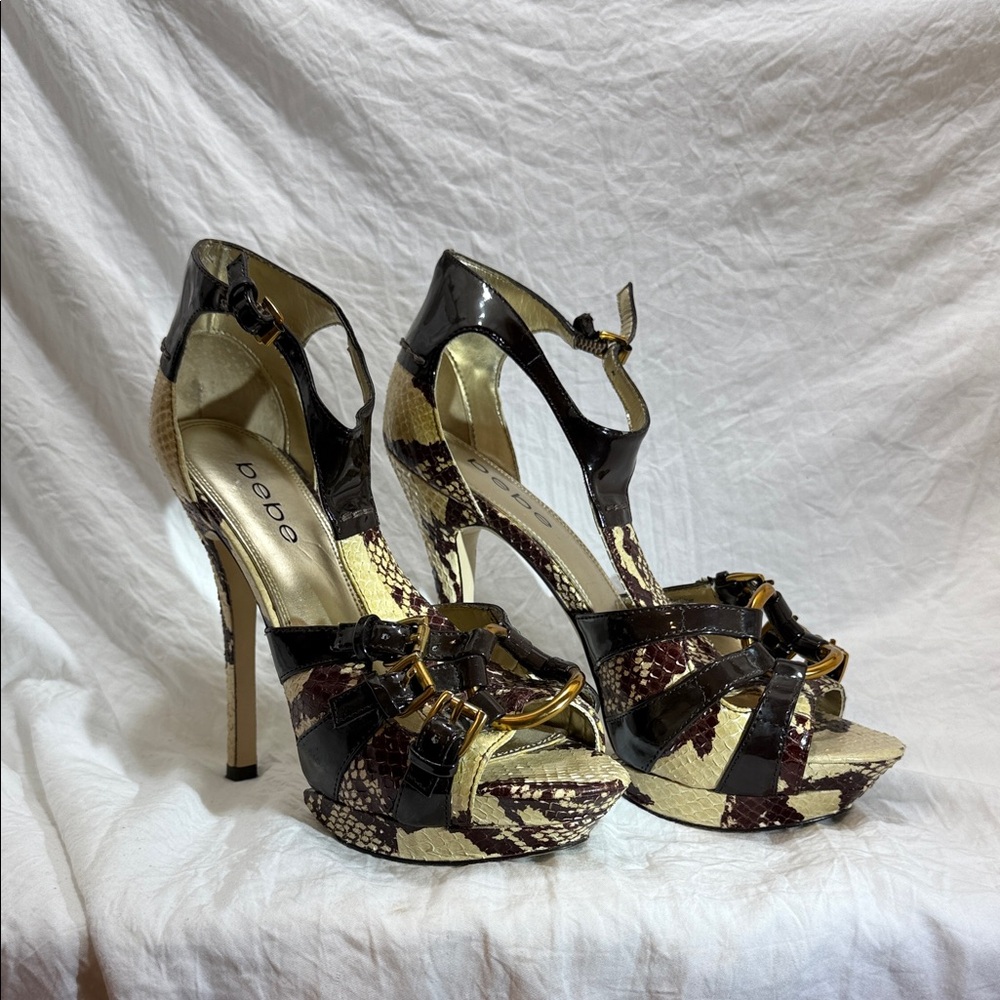 Brown and Cream bebe Platform Heels